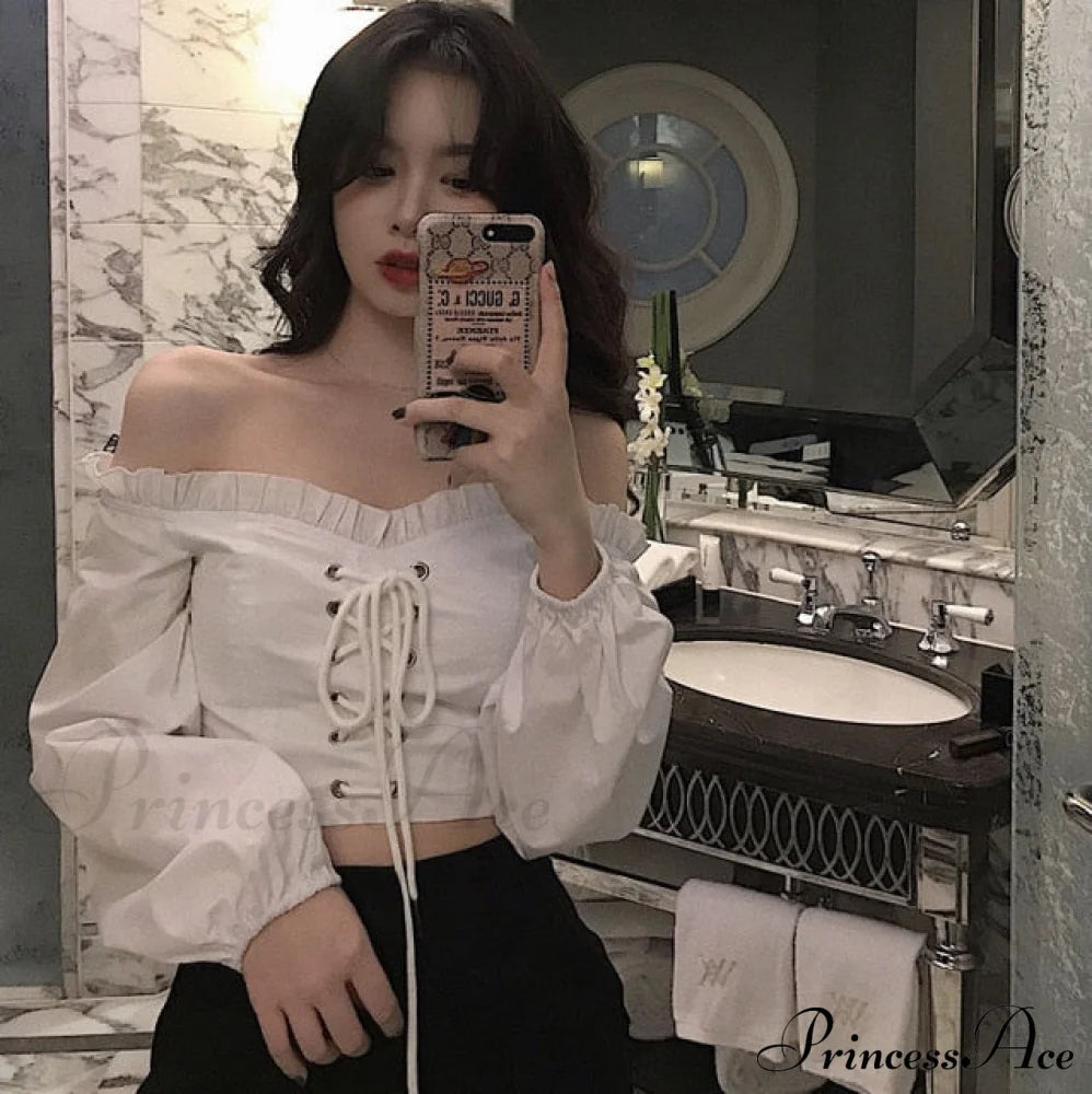 Top Sleeves Lace Ruffle Puff Tops Long Crop Vintage Arm Up Bandage Blouse Shoulder Ladies Black Off