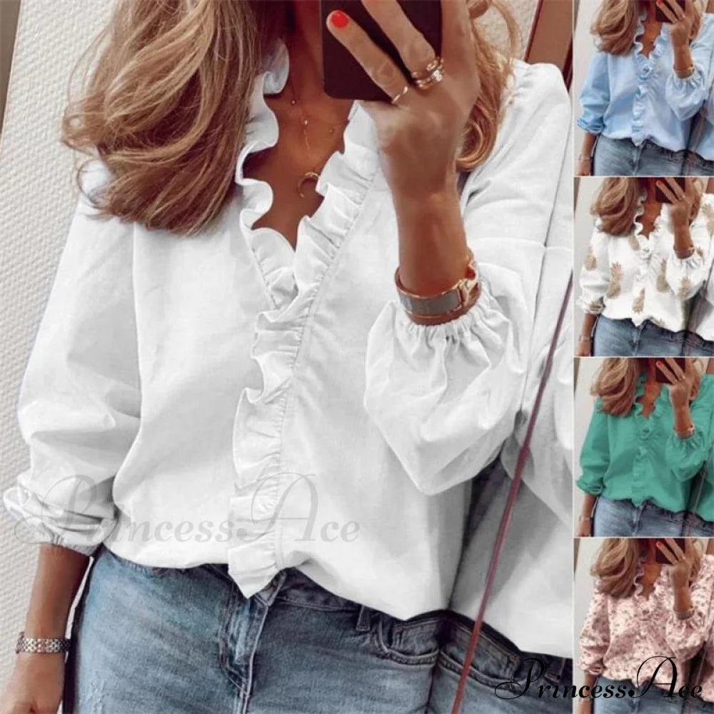 Top Solid Long Arm Blouse White Elegant Women’s Color Femme Chemise Streetwear