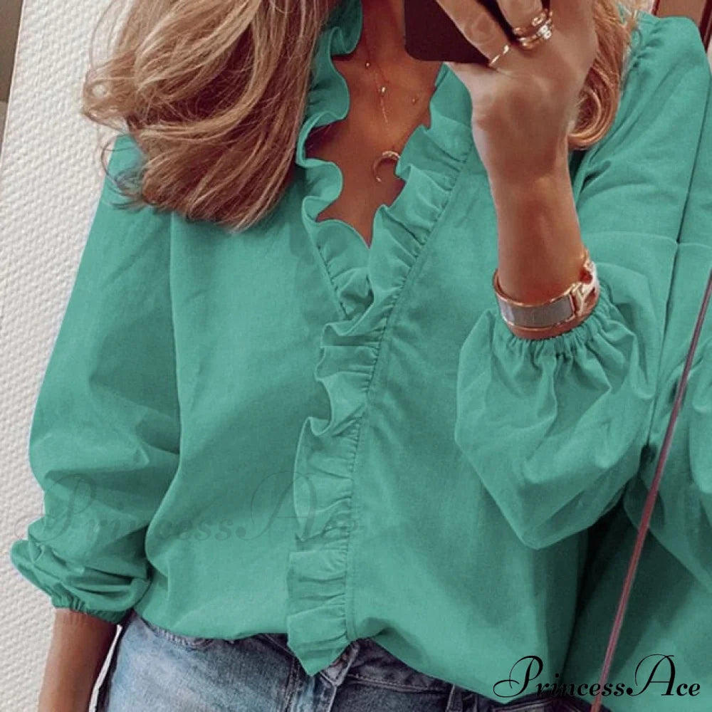 Top Solid Long Arm Blouse White Elegant Women’s Color Femme Chemise Streetwear S / Green Long