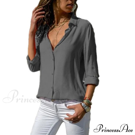 Tops Female Office Warm-Season Blouse Women V-Neck Casual Solid Shirts Chiffon Regular Gray / S