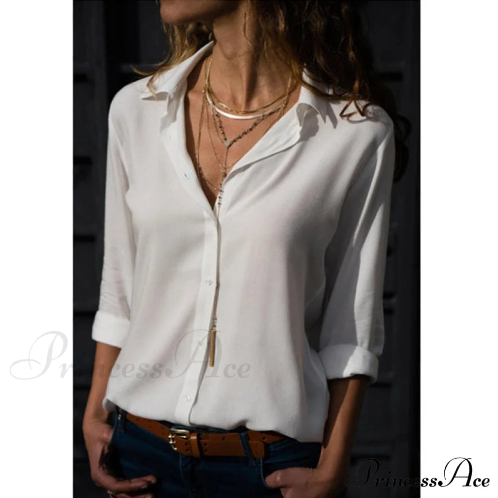 Tops Female Office Warm-Season Blouse Women V-Neck Casual Solid Shirts Chiffon Regular White / S