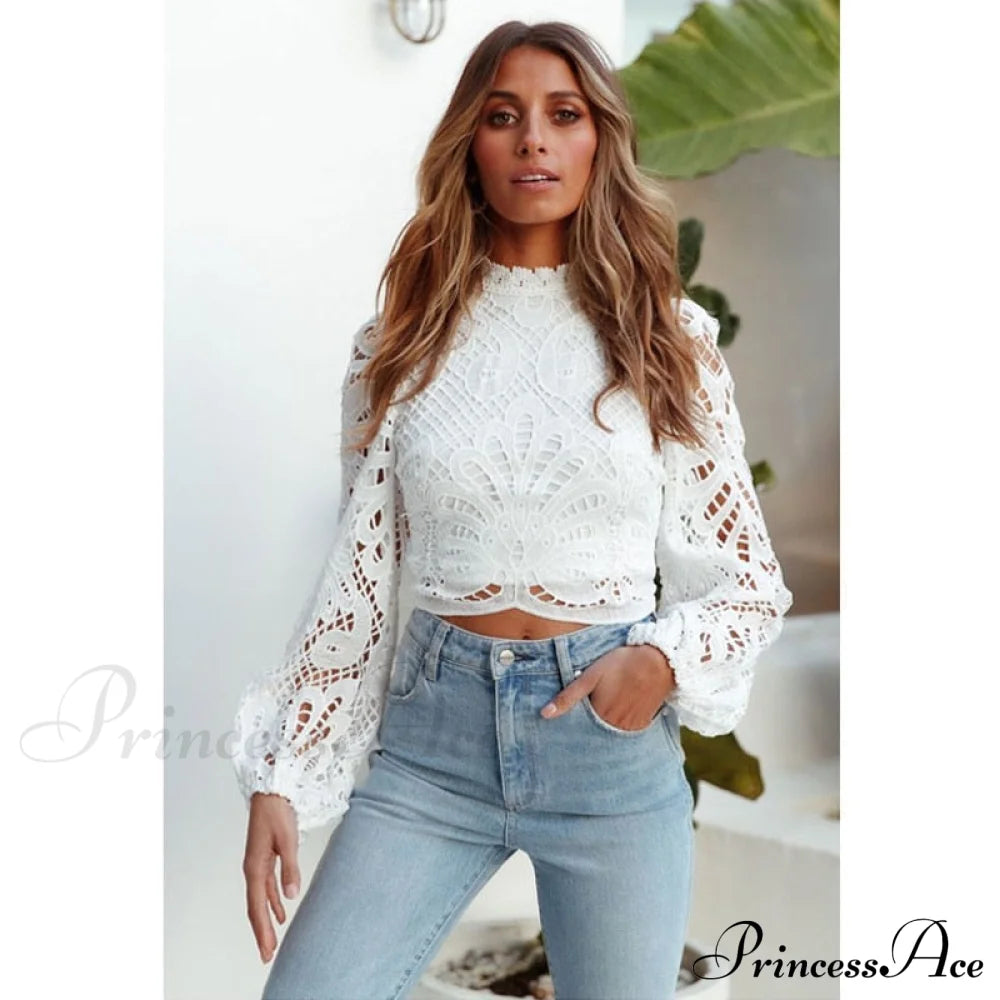 Tops Lace Blouse White Cropped Women’s Turtleneck 16296