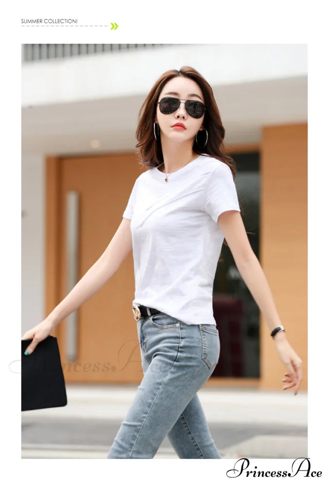 Tops Loose Tee-Shirts Blue Ribbed Warm-Season Cotton T-Shirts Casual Button O-Neck Fashion Korea