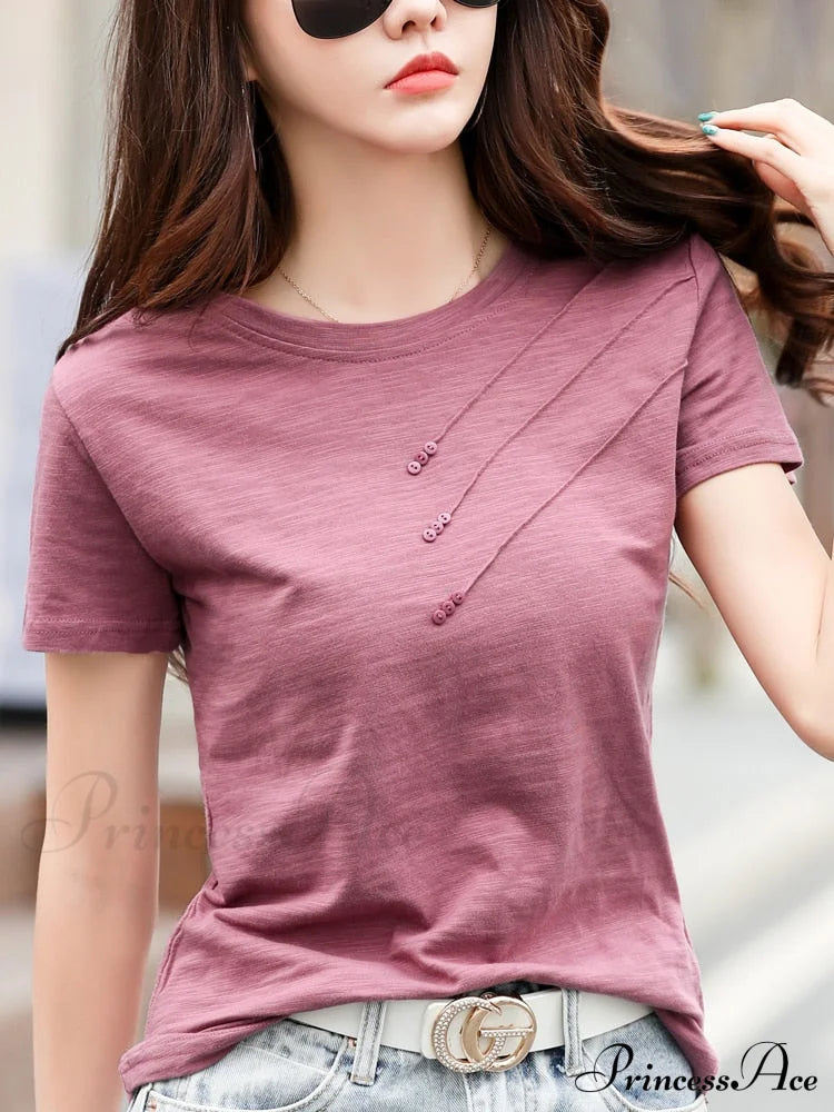 Tops Loose Tee-Shirts Blue Ribbed Warm-Season Cotton T-Shirts Casual Button O-Neck Fashion Korea