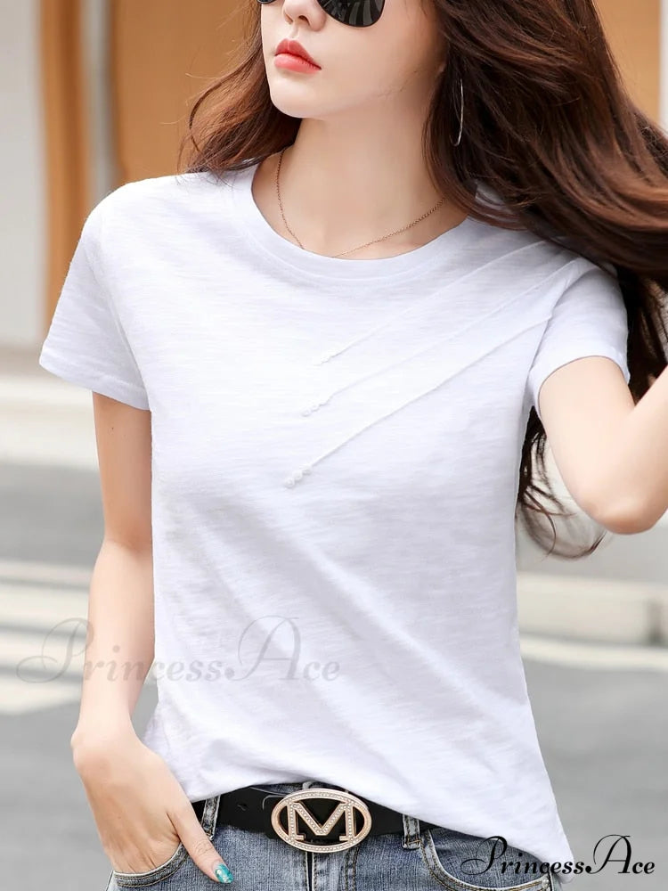 Tops Loose Tee-Shirts Blue Ribbed Warm-Season Cotton T-Shirts Casual Button O-Neck Fashion Korea