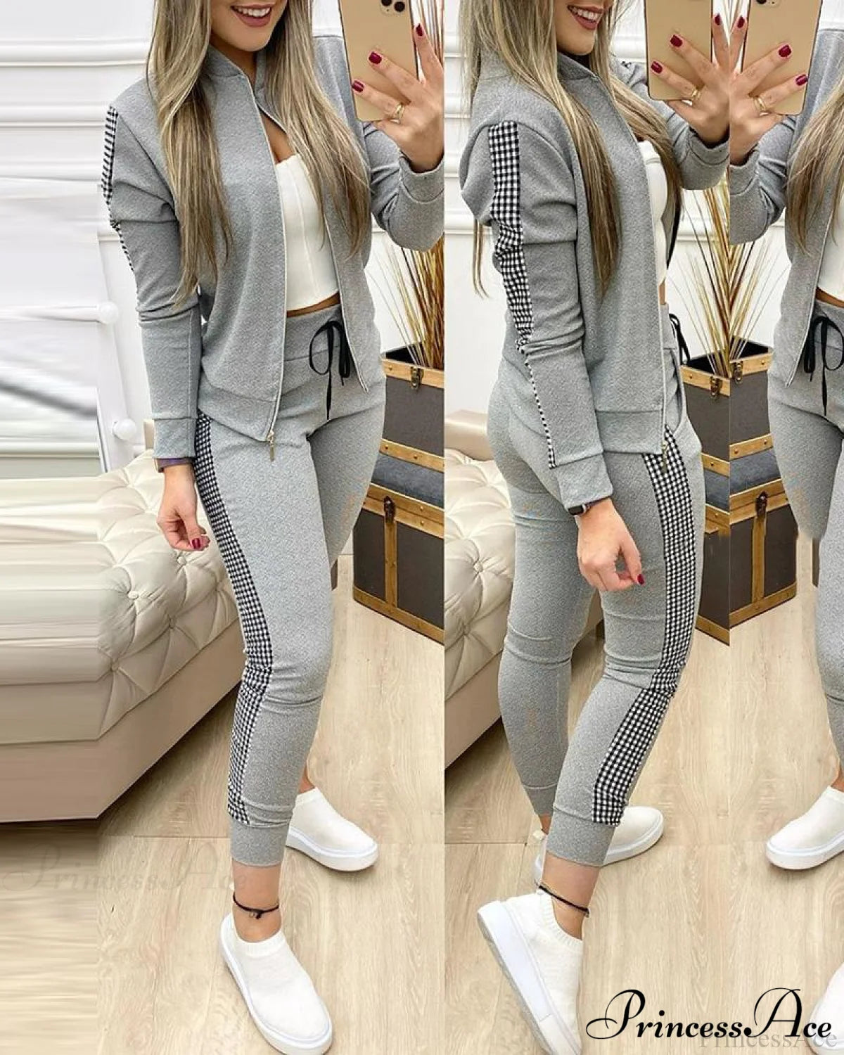 Tracksuit Winter - Zipper Piece For Pants Autumn + 2 Set Long Sports Jacket Suit Fashion Women Gray