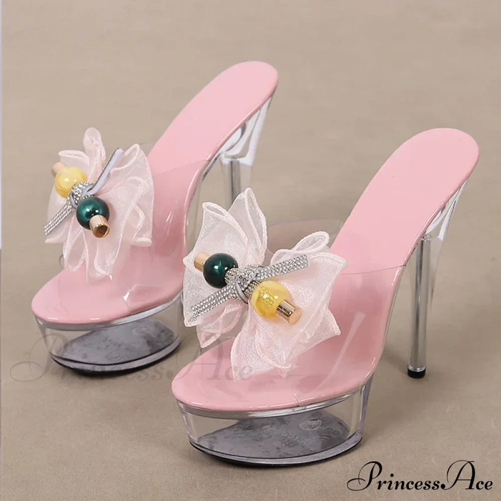 Transparent Platform Slipper For Women Mesh Bowknot Open Toe Super High Heels Party Stripper Shoes