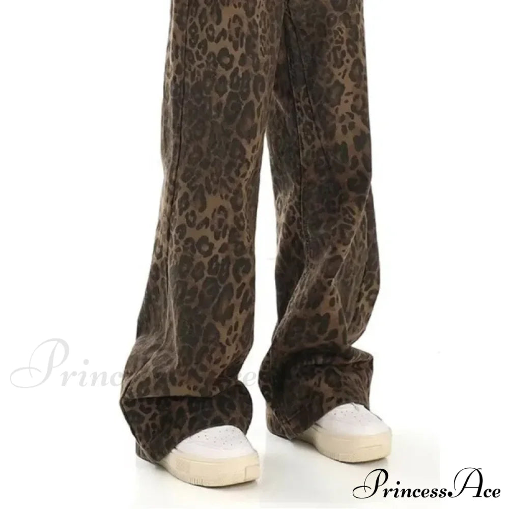 Trendy Autumnal American Retro Leopard Print Niche Design Casual Straight Wide-Leg Pants Jean