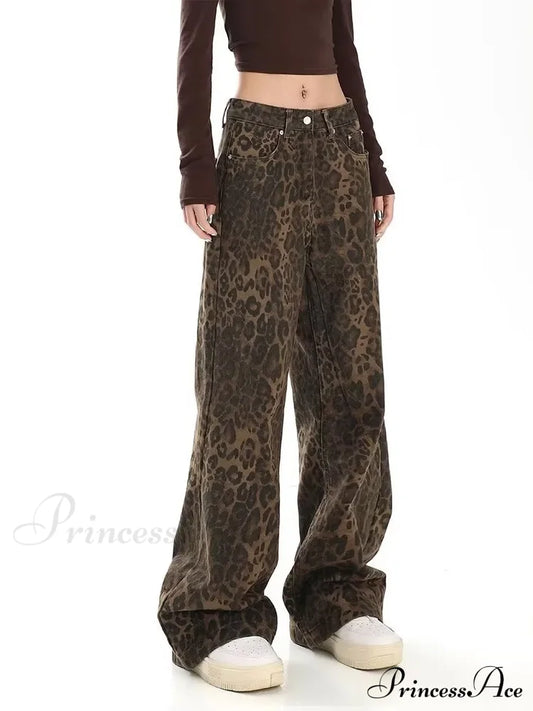 Trendy Autumnal American Retro Leopard Print Niche Design Casual Straight Wide-Leg Pants Jean Print