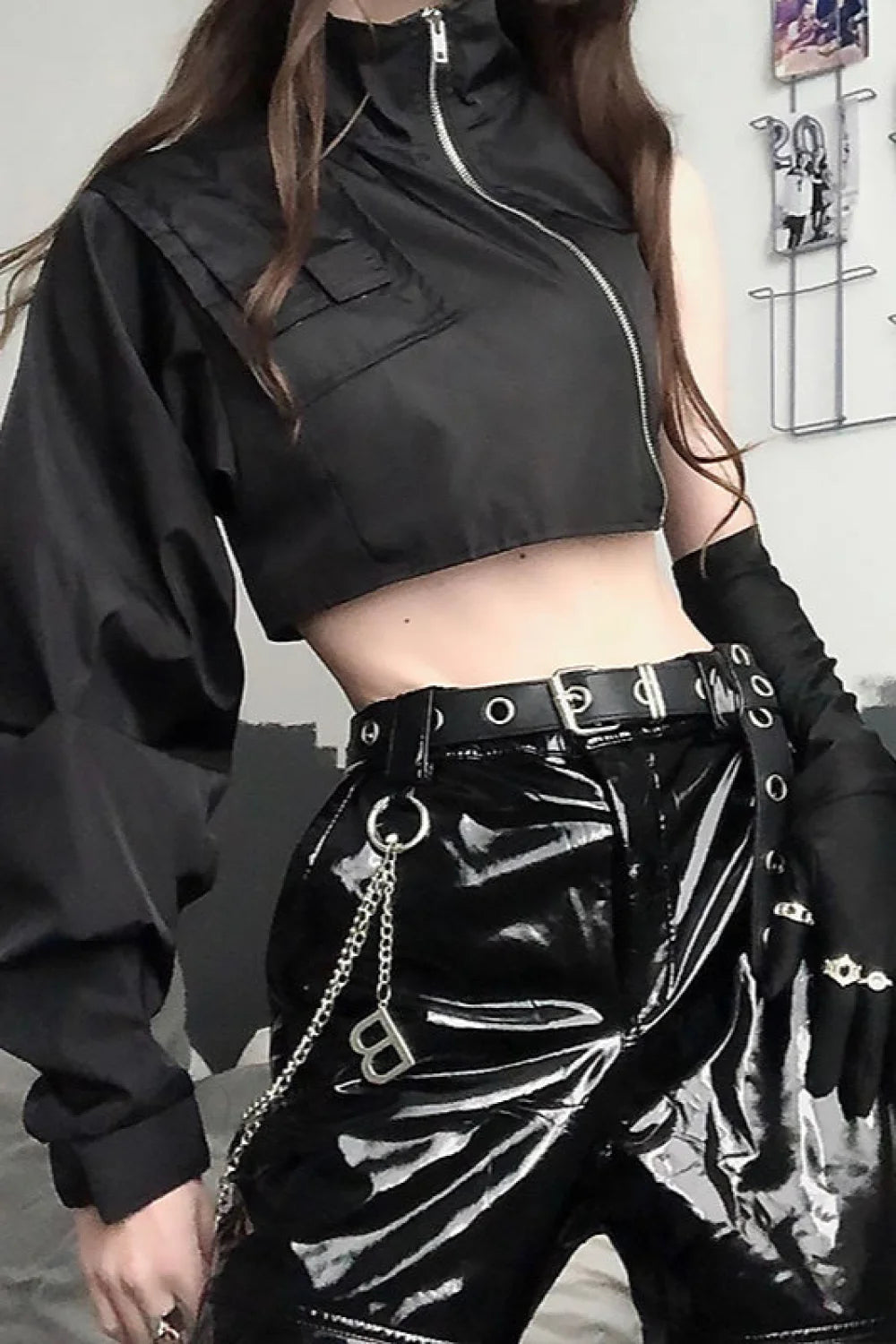 Trendy Cropped High Neck Hoodie Black / S