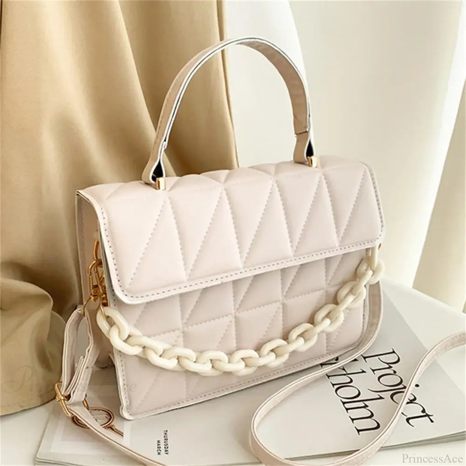 Trendy Plaid Chain Designer Crossbody Handbag White handbag-250126