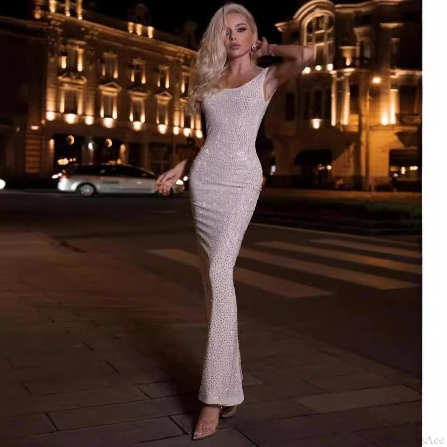 Trendy Stretchy Long Dress Backless Party Prom Dress off white / XS promdress-250223