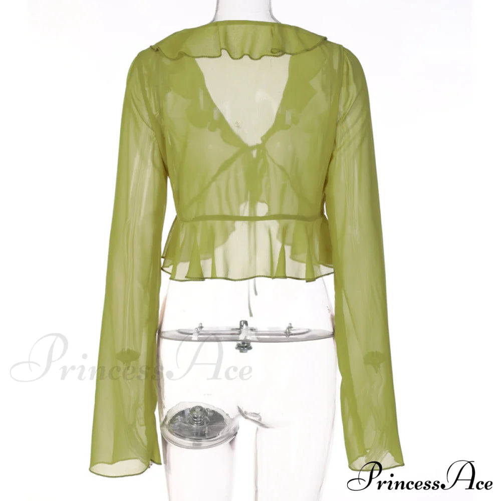 Trim Lace T-Shirt 90S With Chiffon Ruffles Up And Vintage Green Detail