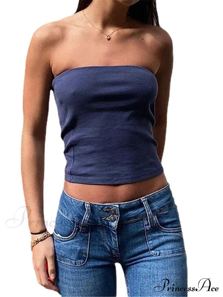 Tubes Women 2024 Skinny Summer Off Shoulder Blue Y2K 90S Sexi Crop Streetwear Tank Top