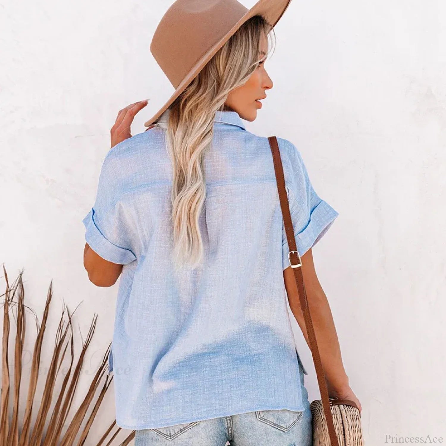 Turn Down Collar Cotton Linen Summer Blouse blouse-250126