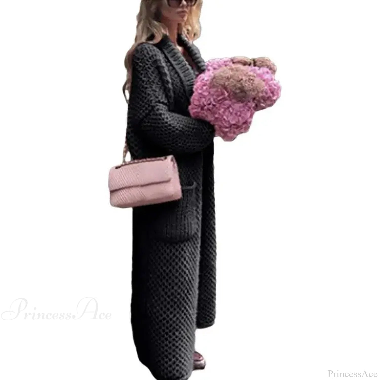 Turn Down Collar Knitted Cardigan Black / S