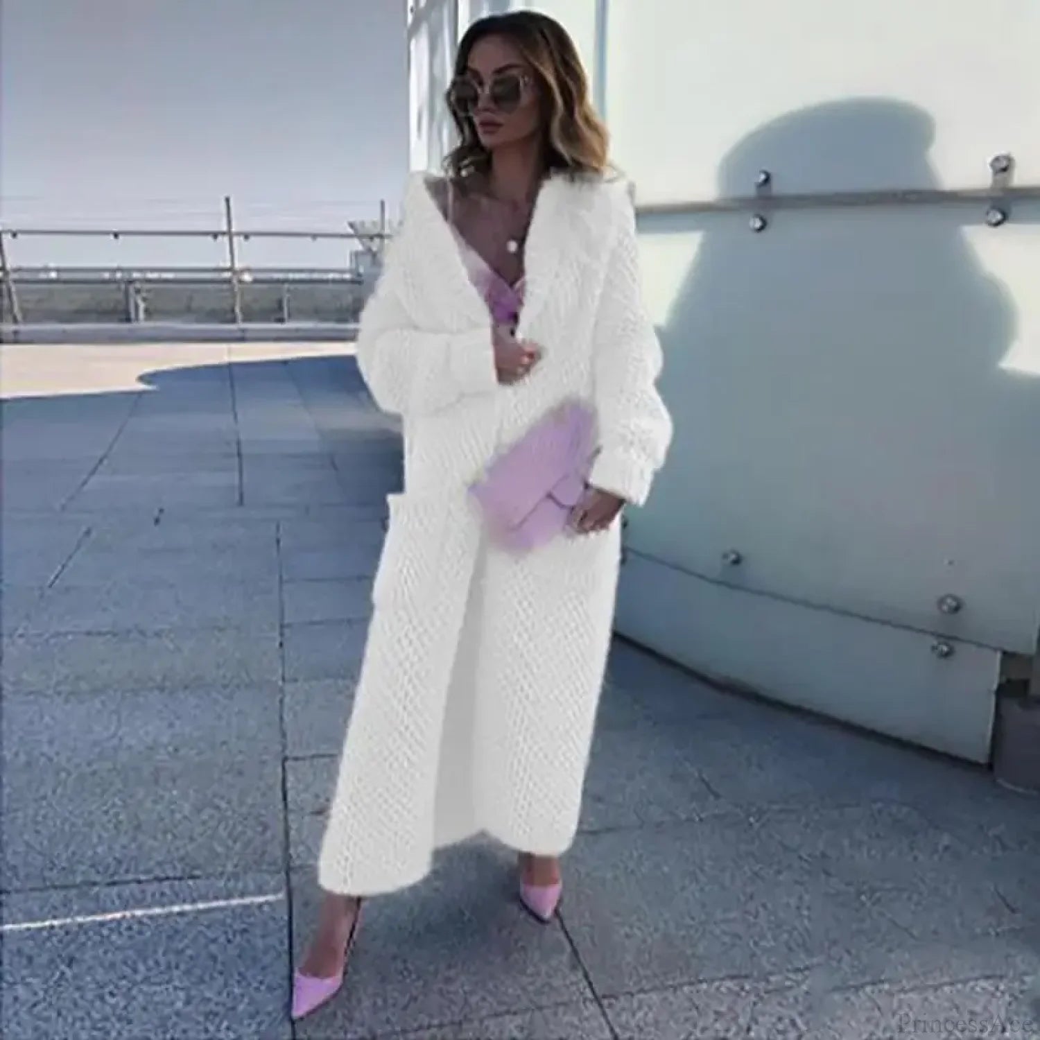 Turn Down Collar Knitted Cardigan WHITE / S