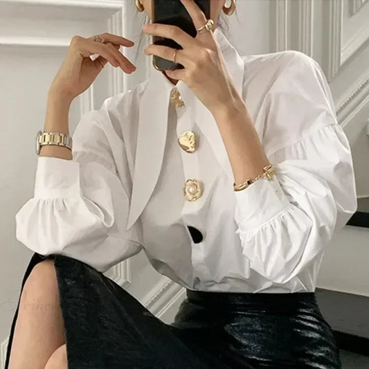 Turn Down Collar Long Sleeve Comfortable Autumn Blouse WHITE / S blouse-250126
