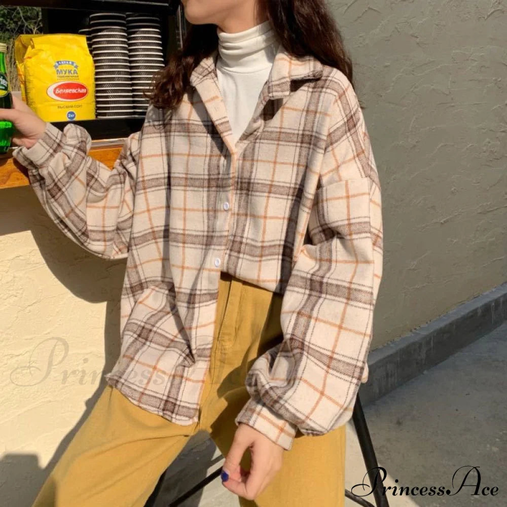 Turn-Down Style Spring - Women’s Plaid Outwear Loose 4 Neckline Blouse Harajuku With Fit