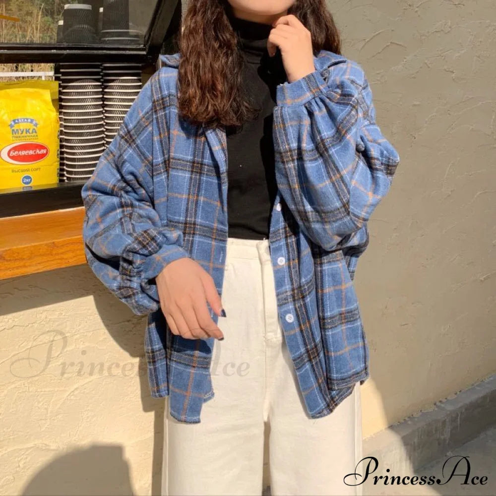 Turn-Down Style Spring - Women’s Plaid Outwear Loose 4 Neckline Blouse Harajuku With Fit