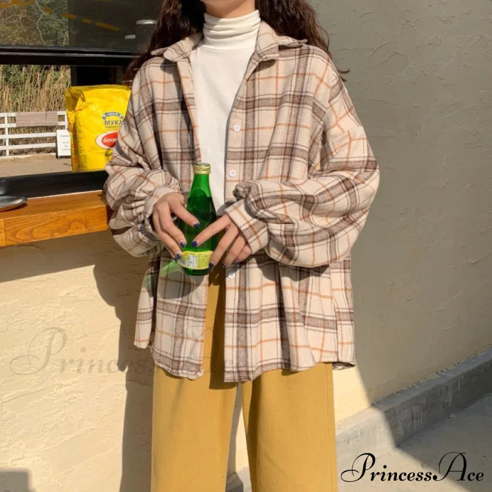 Turn-Down Style Spring - Women’s Plaid Outwear Loose 4 Neckline Blouse Harajuku With Fit