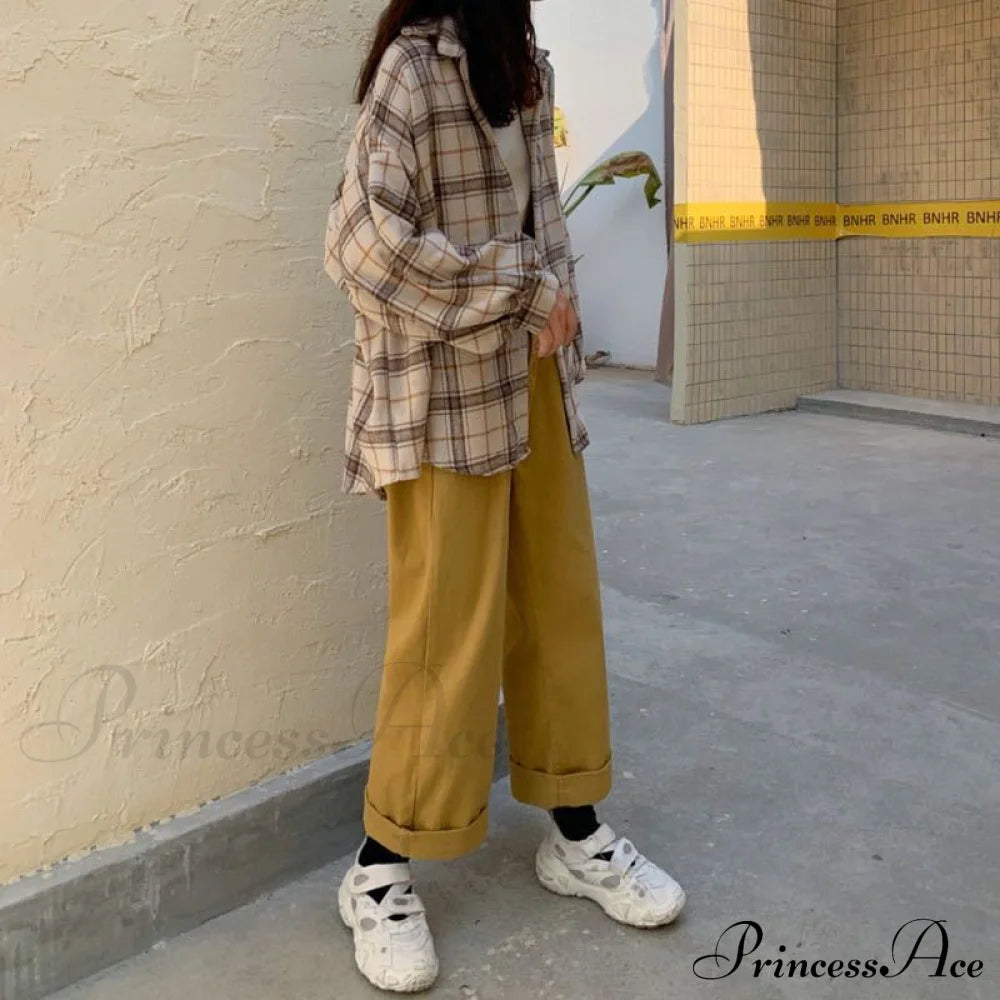 Turn-Down Style Spring - Women’s Plaid Outwear Loose 4 Neckline Blouse Harajuku With Fit