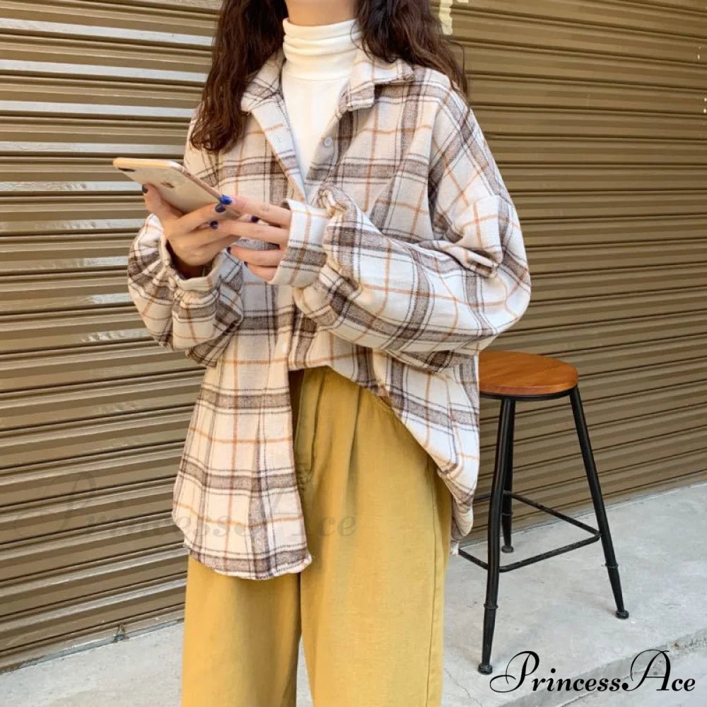 Turn-Down Style Spring - Women’s Plaid Outwear Loose 4 Neckline Blouse Harajuku With Fit