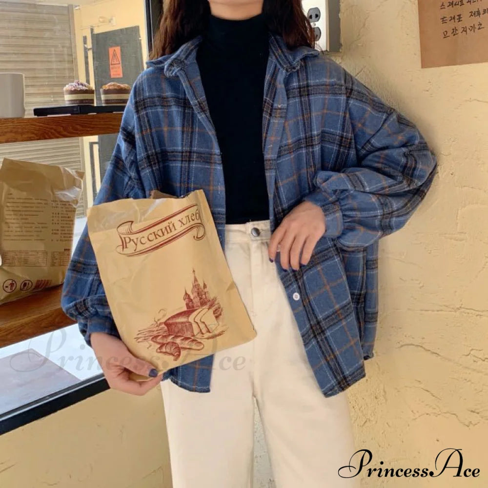 Turn-Down Style Spring - Women’s Plaid Outwear Loose 4 Neckline Blouse Harajuku With Fit