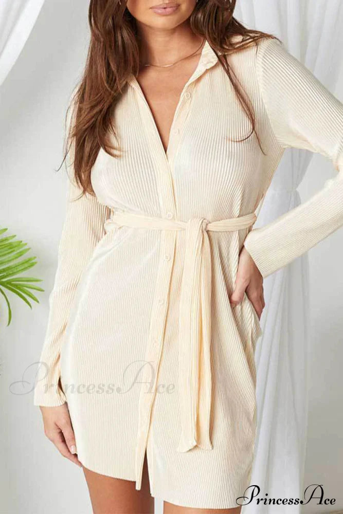 Turndown Neckline Blouse Buttons Solid Dress Apricot / S Dresses/Long Sleeve Dresses
