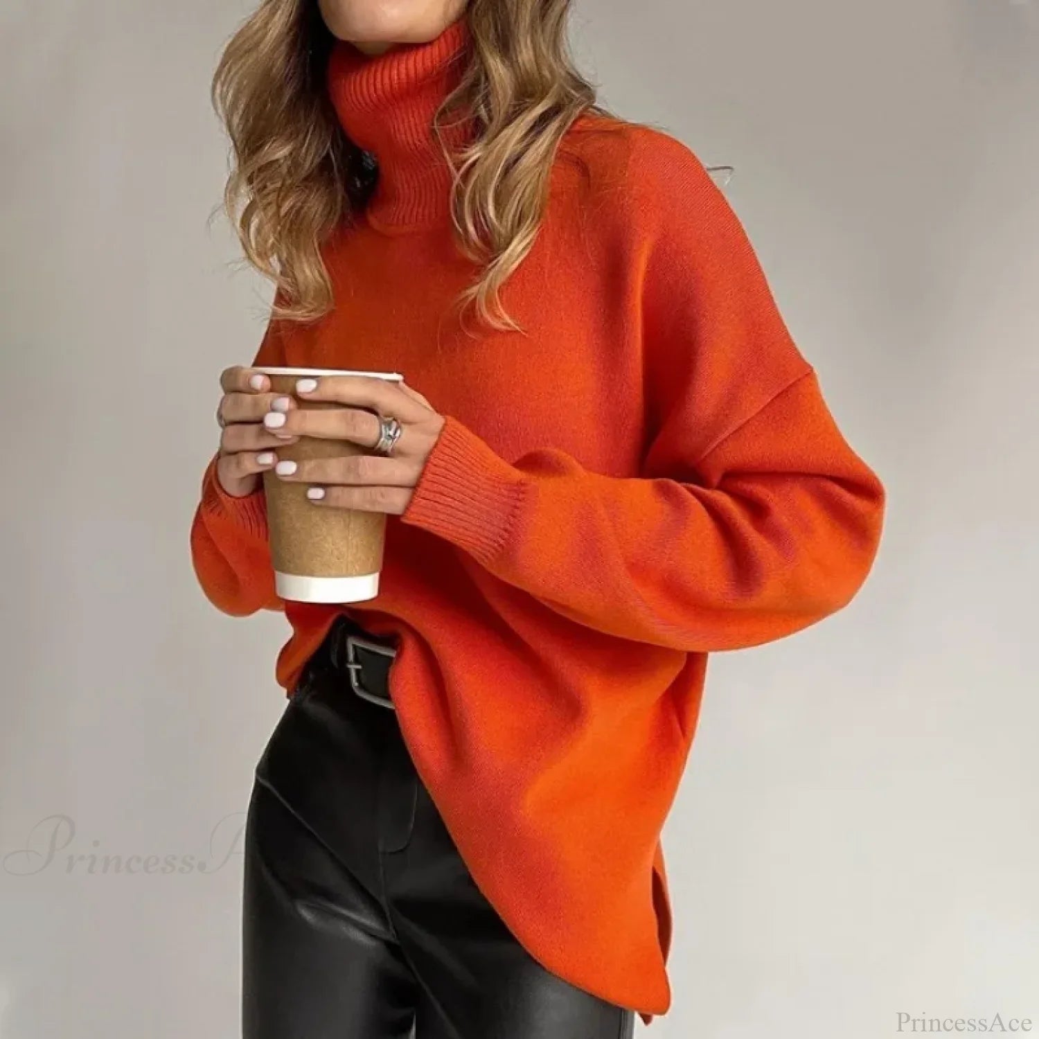 Turtleneck Casual Long-Sleeved Knitted Sweater Orange / S