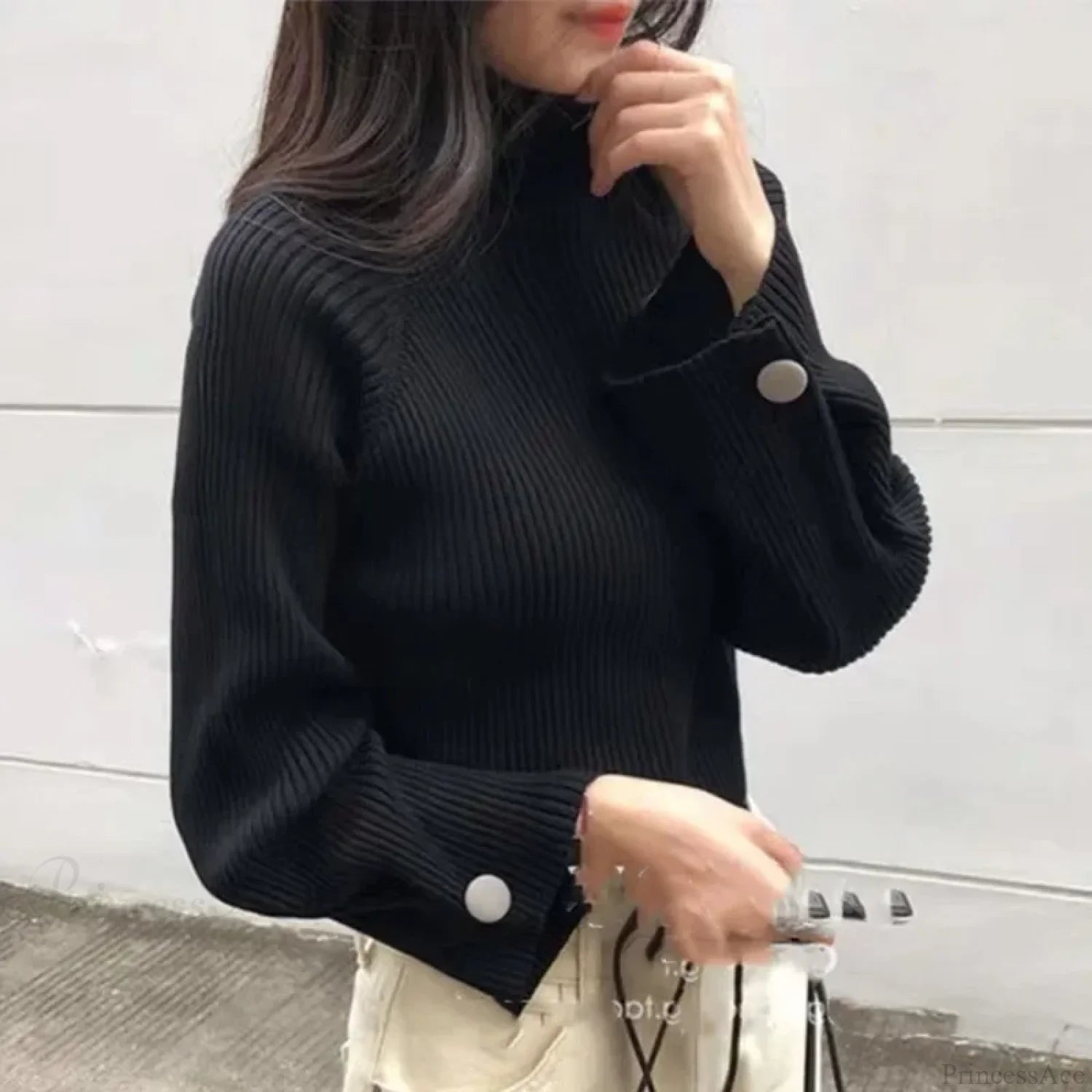 Turtleneck & Crochet E-girl Year-round Sweater Black / One Size