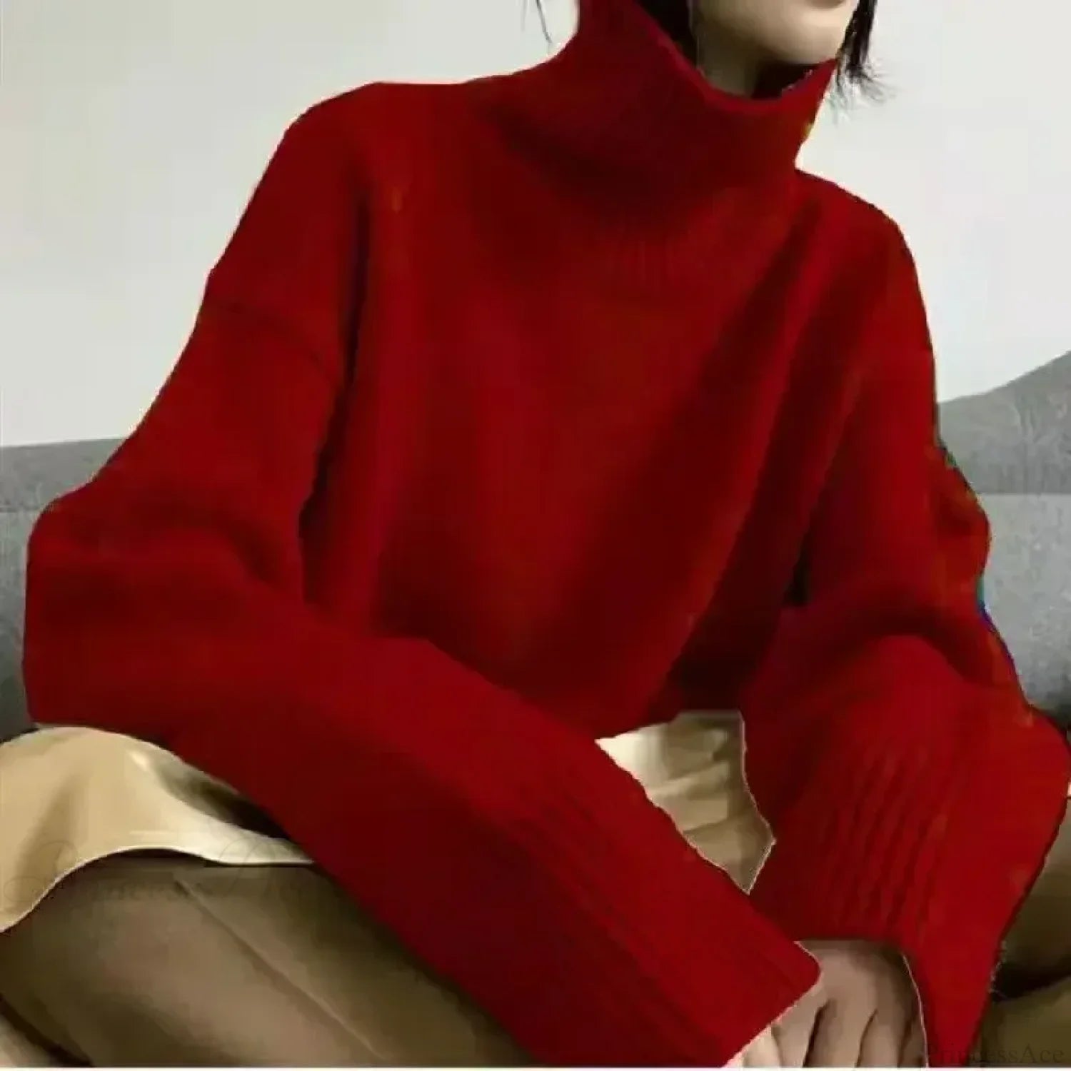 Turtleneck Elegant Gray Red Sweater Red / onesize