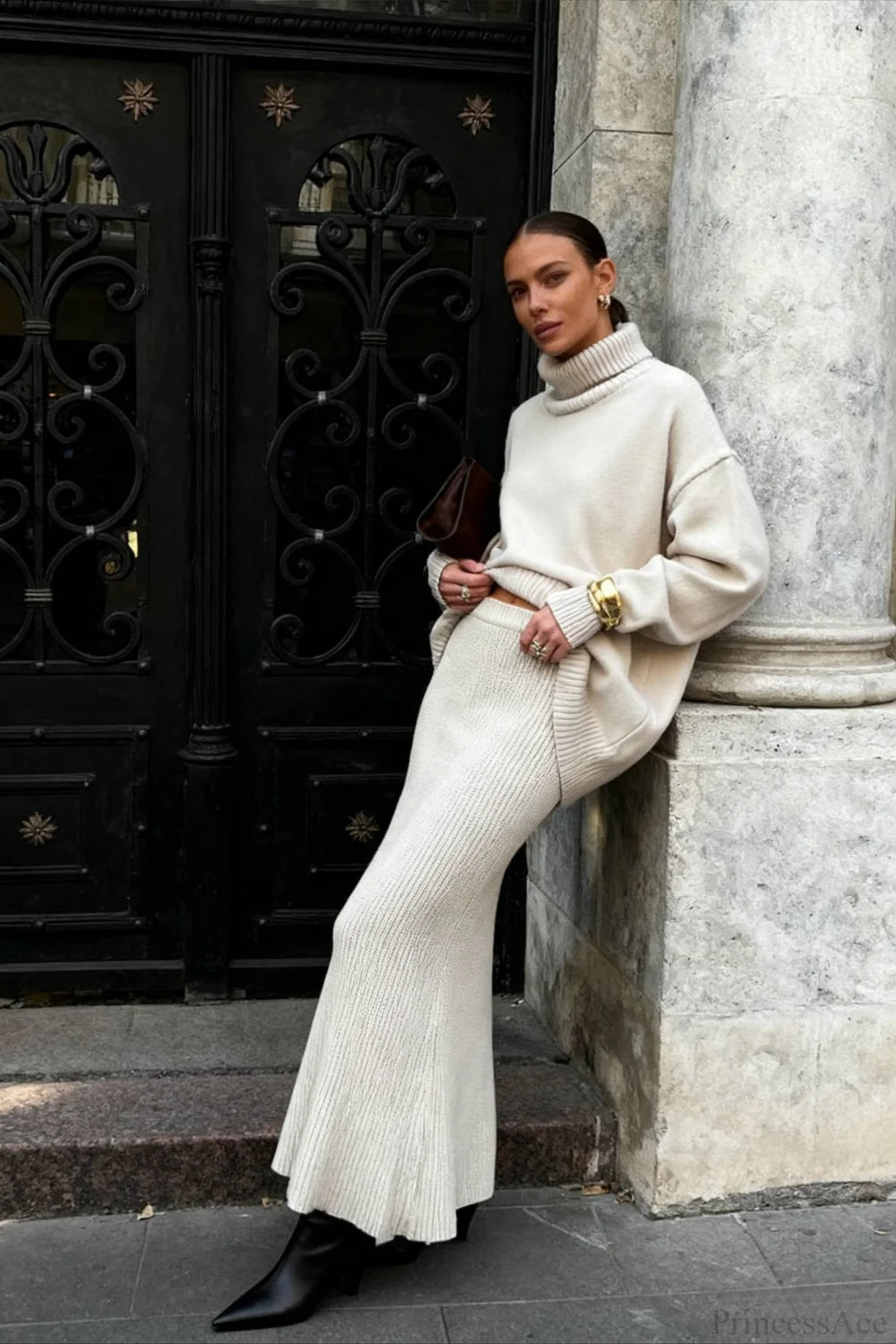 Turtleneck Knit Sweater Maxi Dress Two Piece Set