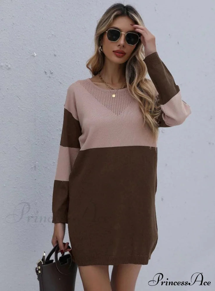 Turtleneck Loose Knit Stitching Sweater Dress M / Gray Sweater