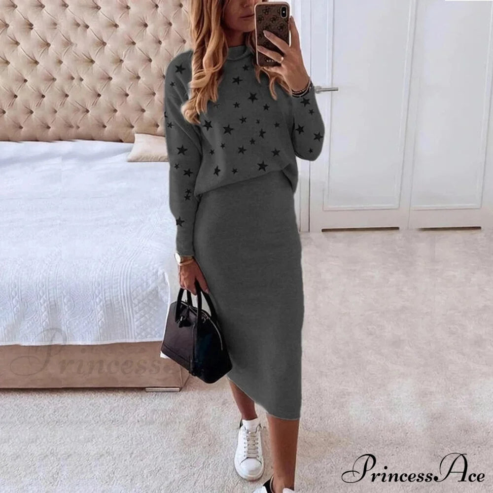 Turtleneck Set Elegant Slim Sweatshirt Skirt And For Design Stars Women