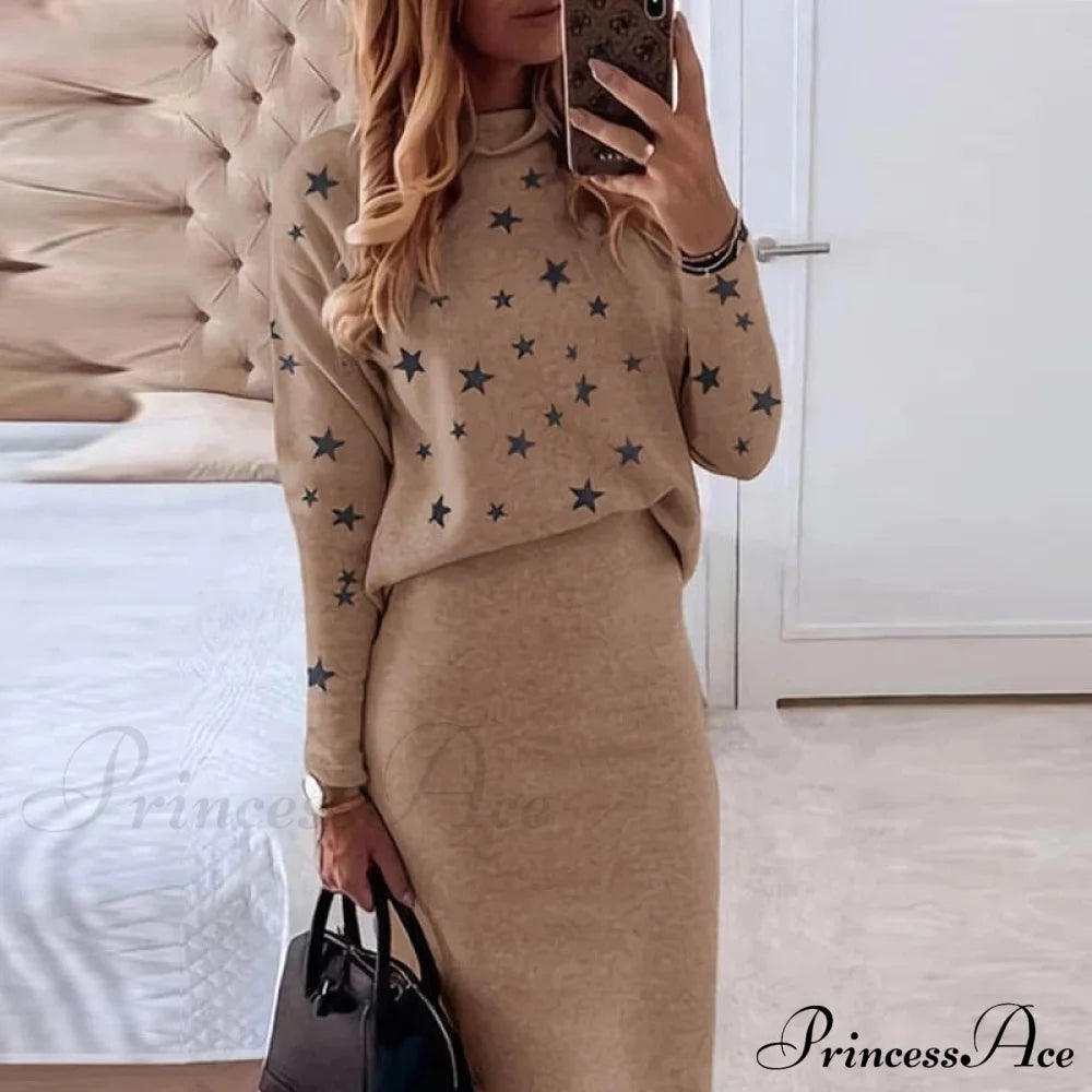 Turtleneck Set Elegant Slim Sweatshirt Skirt And For Design Stars Women