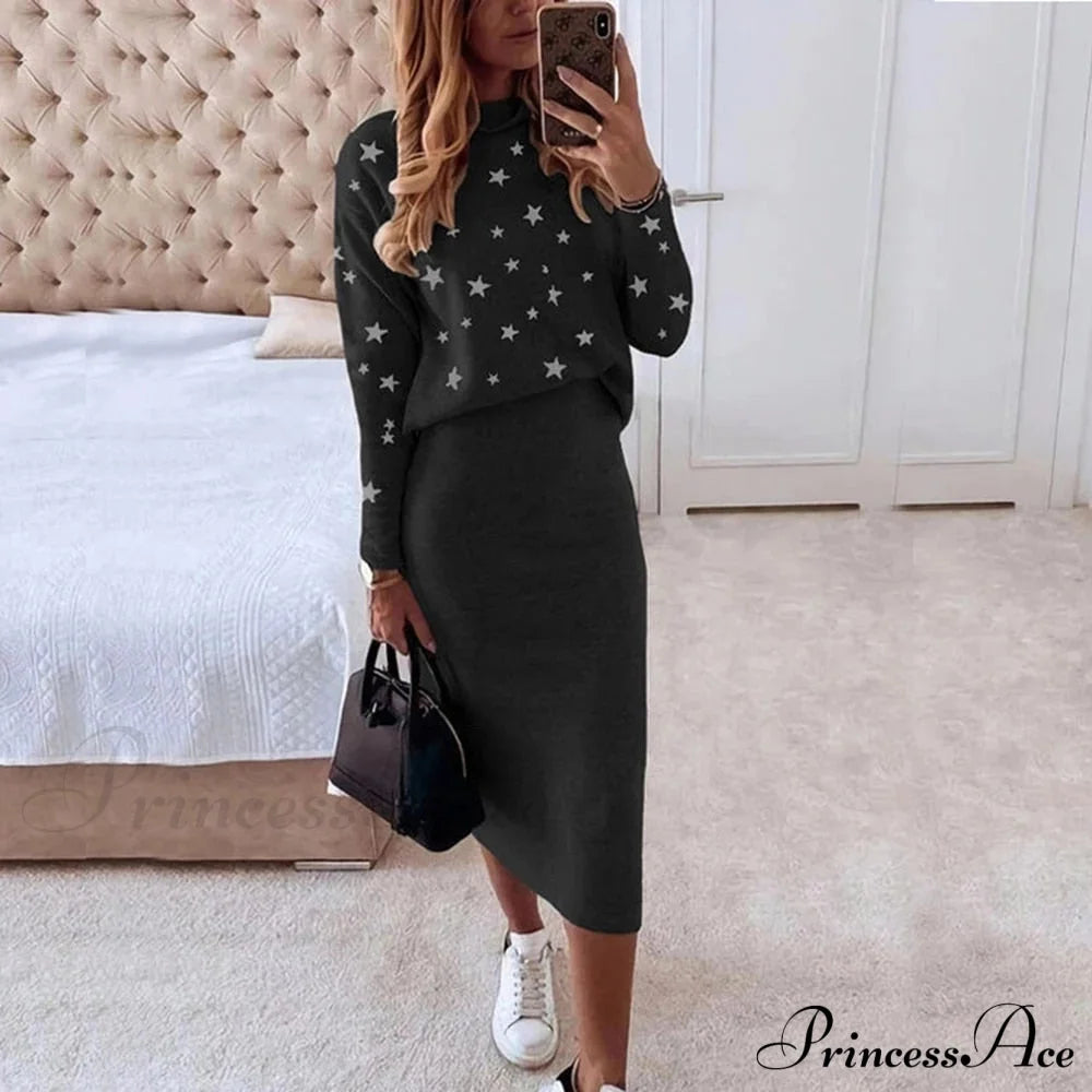 Turtleneck Set Elegant Slim Sweatshirt Skirt And For Design Stars Women Black / S