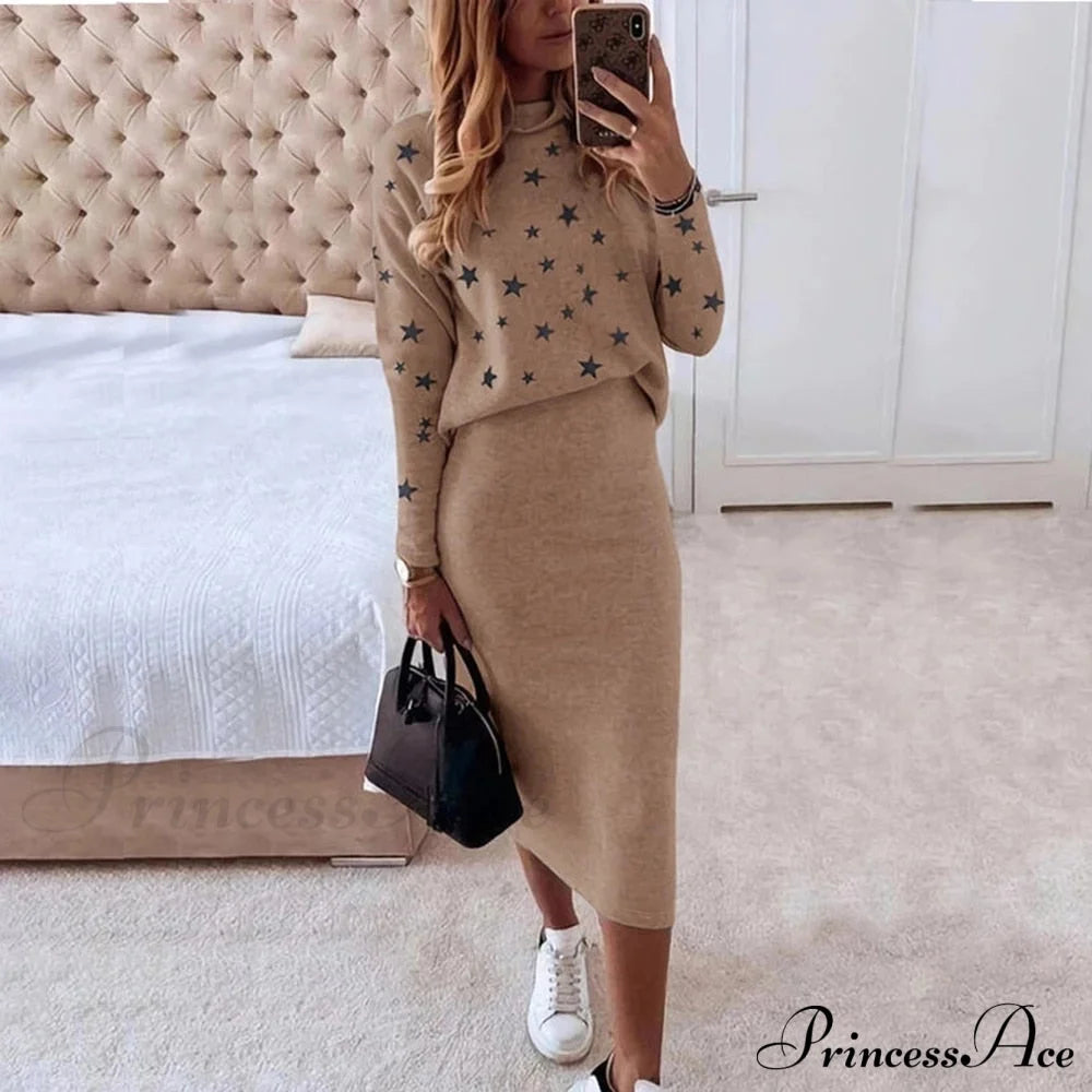Turtleneck Set Elegant Slim Sweatshirt Skirt And For Design Stars Women Brown / S