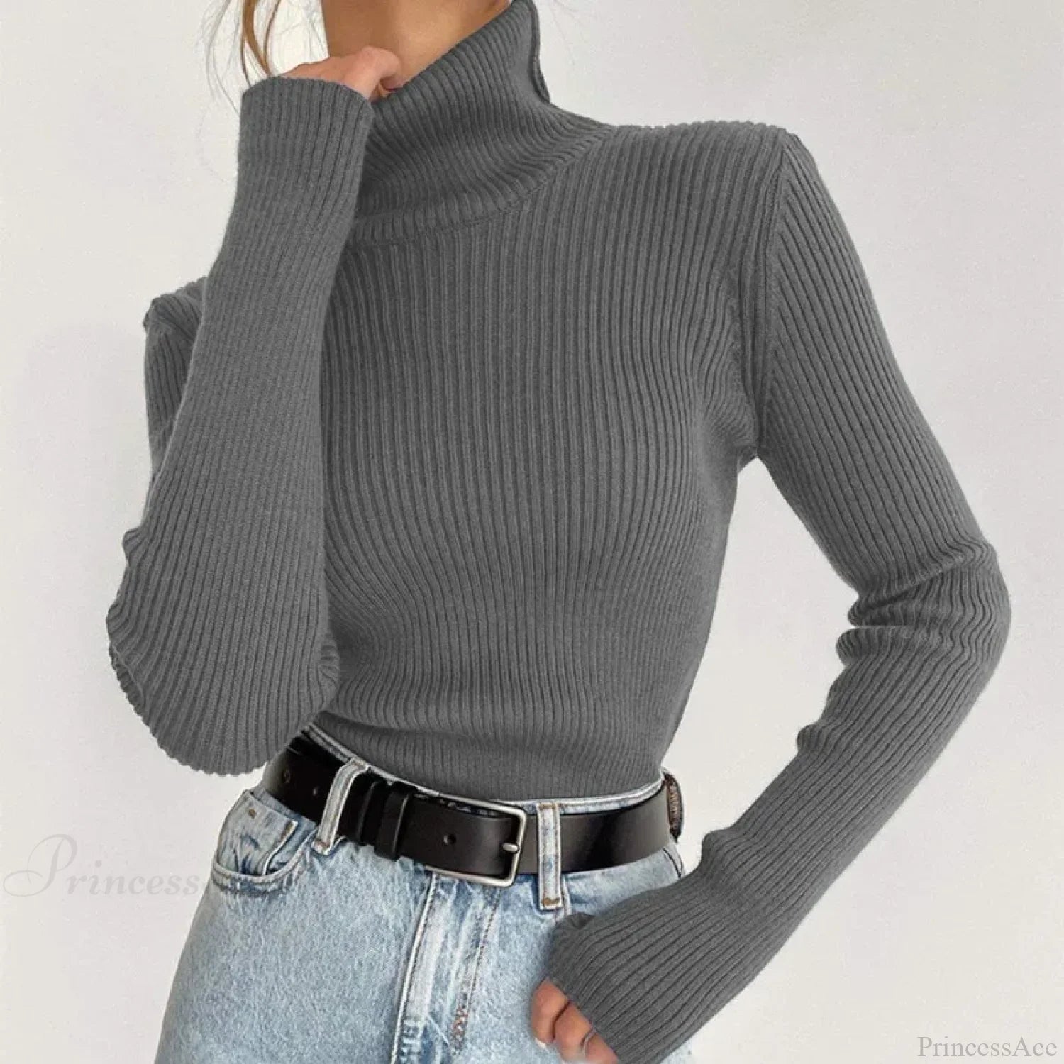 Turtleneck Slim Pullover Long Sleeve Sweater GRAY / M