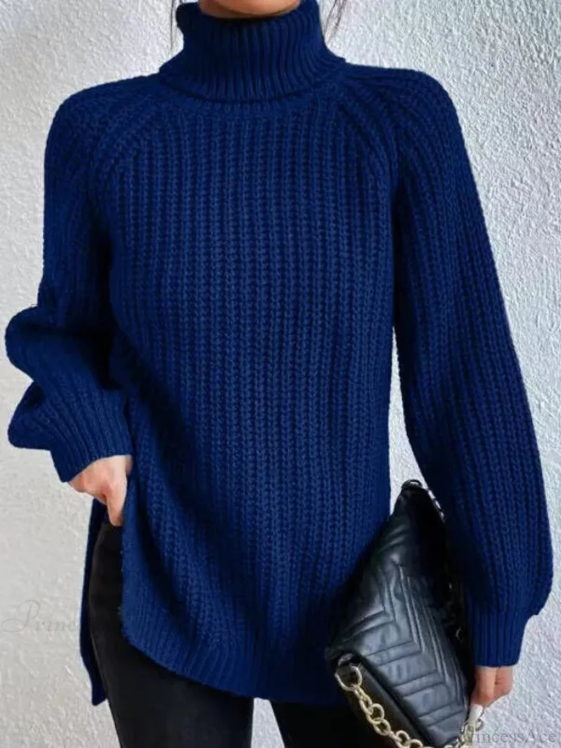 Turtleneck Split Crochet Thick Sweater Dark Blue / S