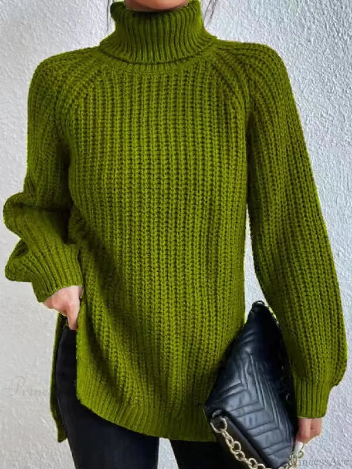 Turtleneck Split Crochet Thick Sweater dark green / S