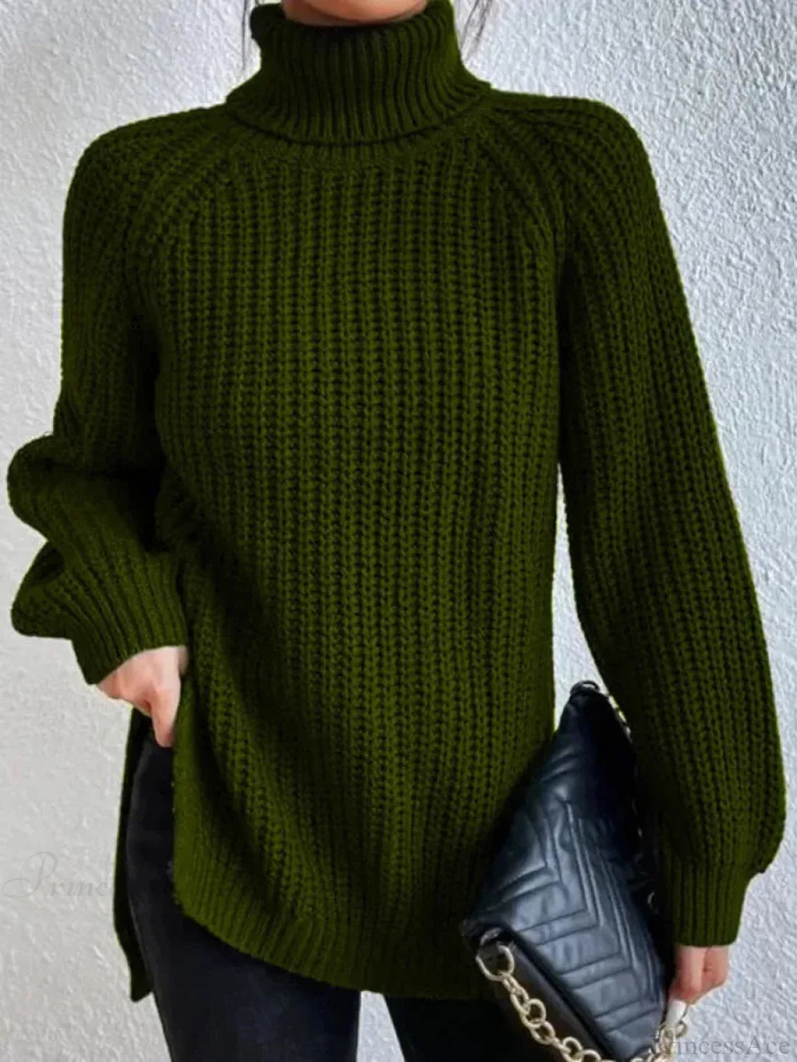 Turtleneck Split Crochet Thick Sweater Green / S