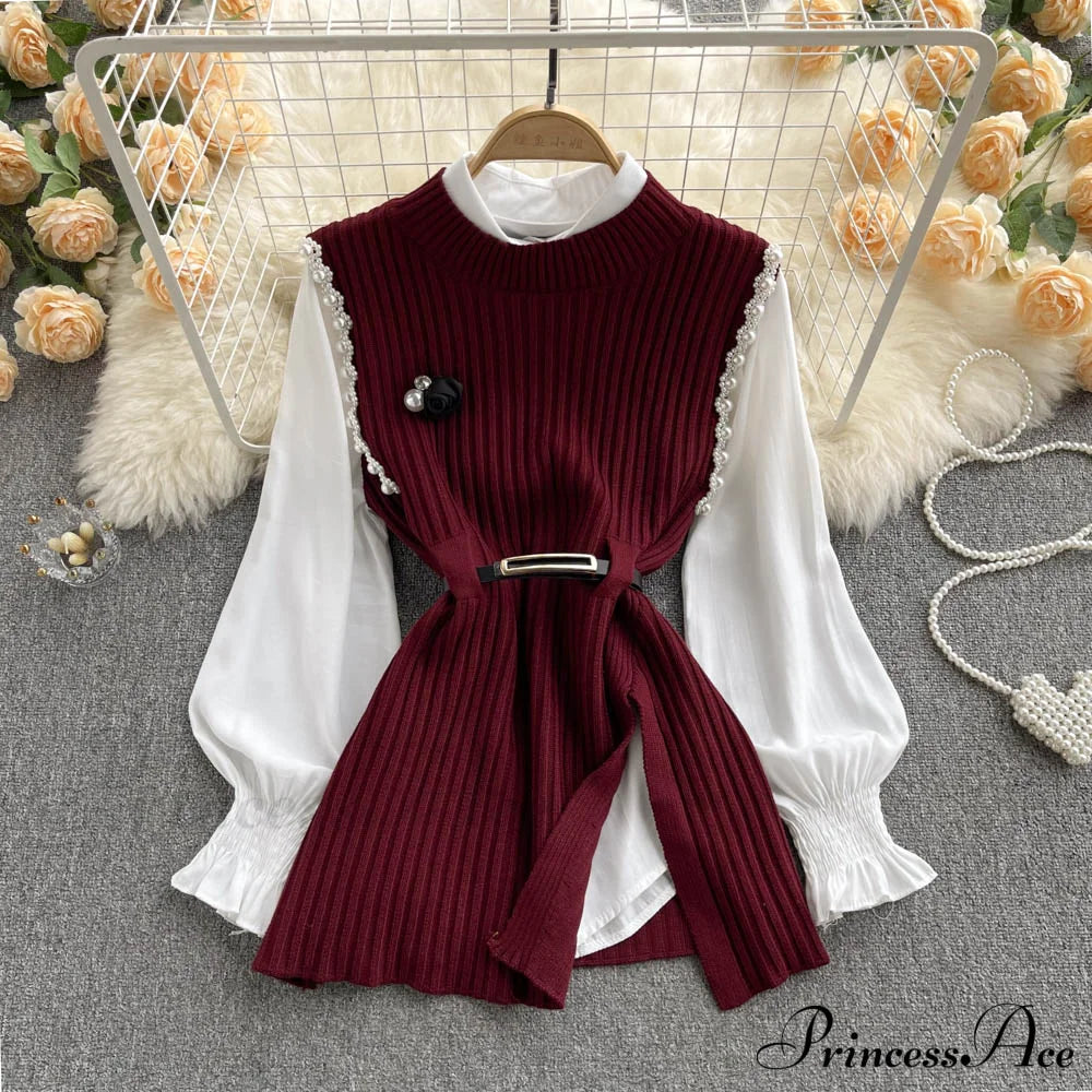 Two-Piece Blouse With Red Cotton Suit And White Sweater Vest Women’s Spring Belt