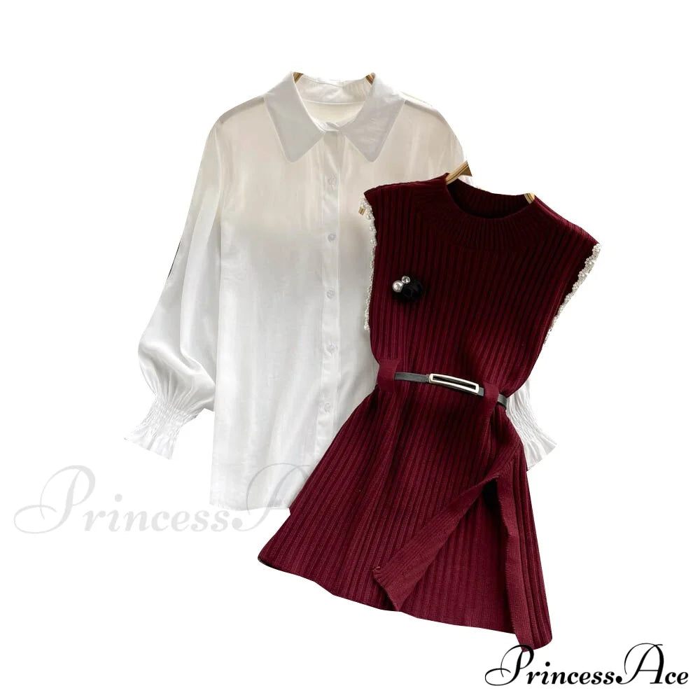 Two-Piece Blouse With Red Cotton Suit And White Sweater Vest Women’s Spring Belt