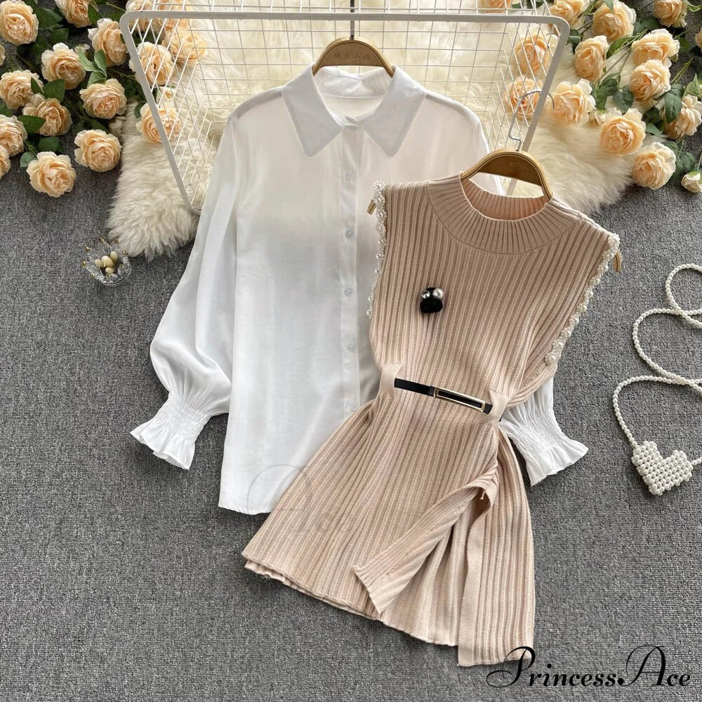 Two-Piece Blouse With Red Cotton Suit And White Sweater Vest Women’s Spring Belt