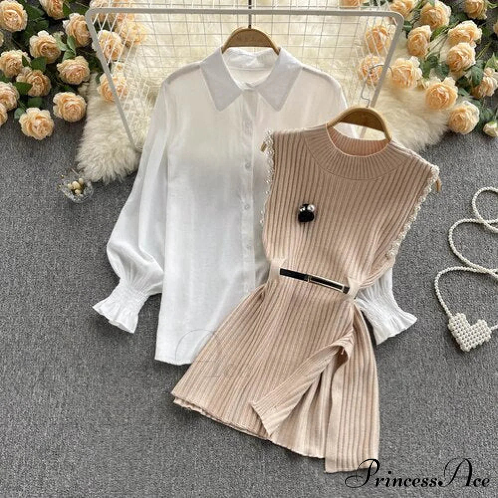 Two-Piece Blouse With Red Cotton Suit And White Sweater Vest Women’s Spring Belt Apricot / One Size