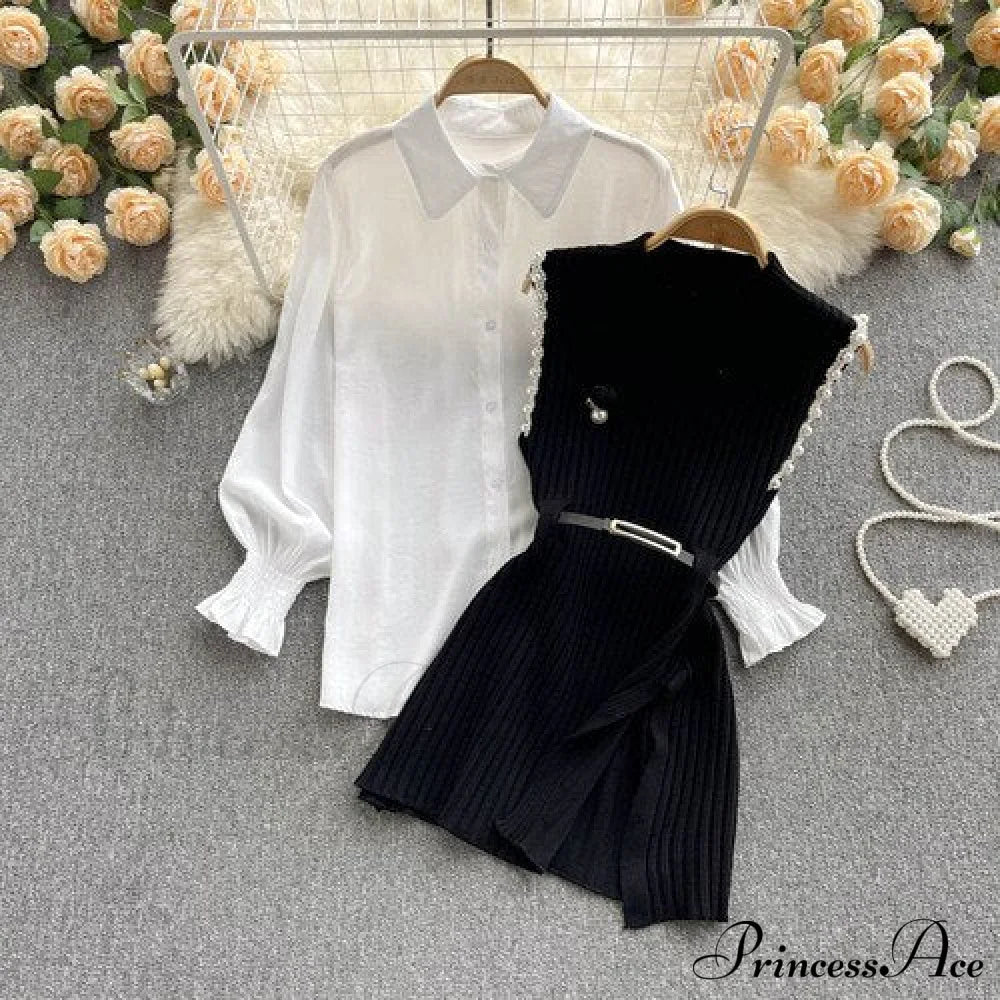 Two-Piece Blouse With Red Cotton Suit And White Sweater Vest Women’s Spring Belt Black / One Size