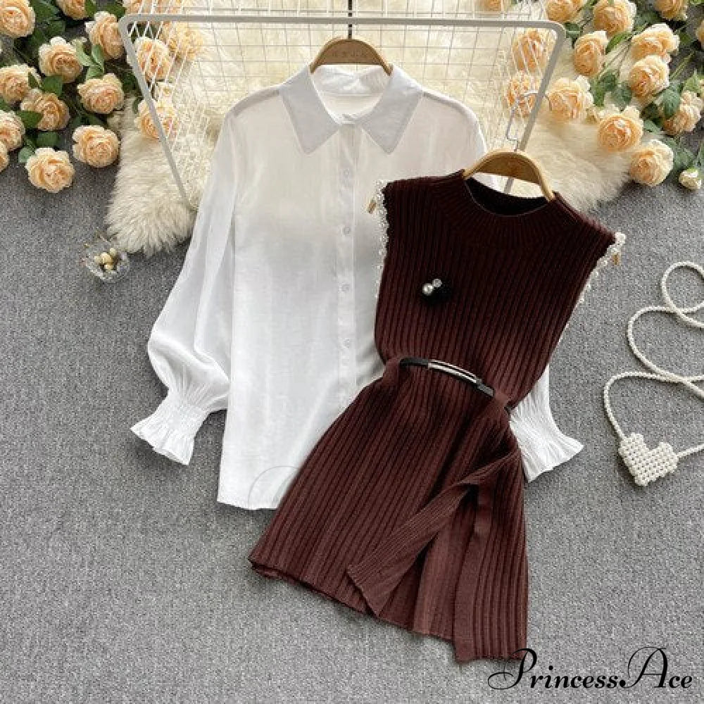 Two-Piece Blouse With Red Cotton Suit And White Sweater Vest Women’s Spring Belt Coffee / One Size