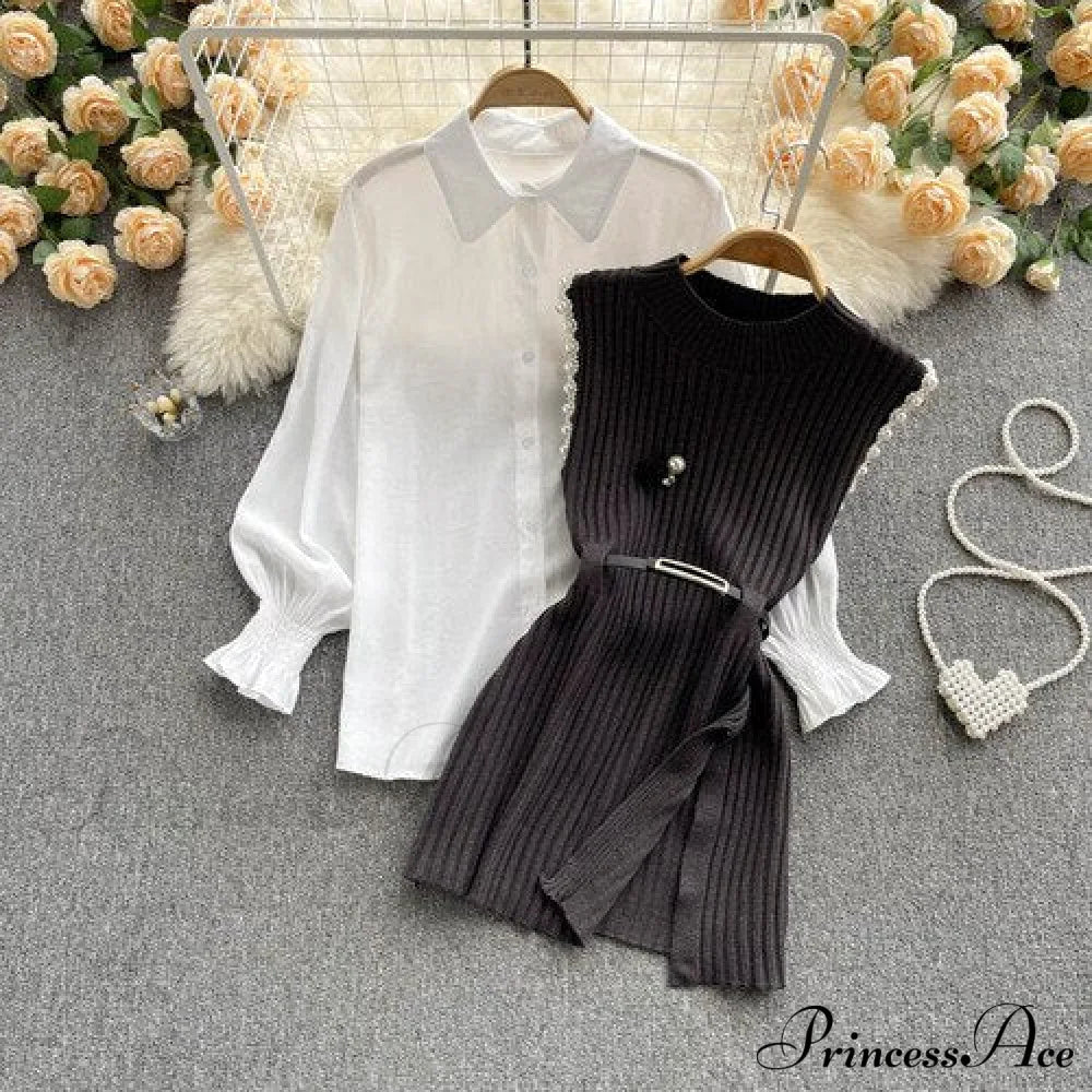 Two-Piece Blouse With Red Cotton Suit And White Sweater Vest Women’s Spring Belt Gray / One Size