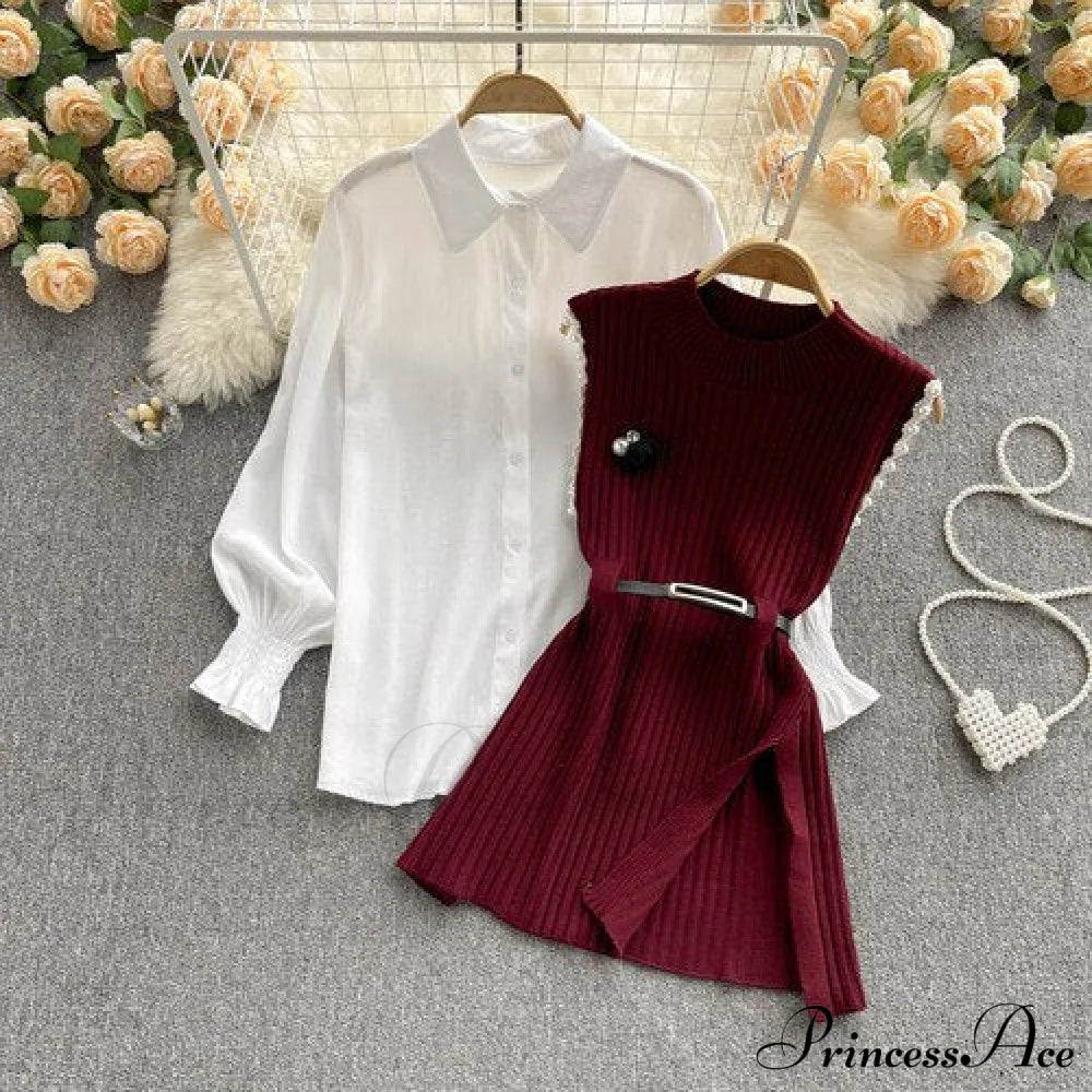 Two-Piece Blouse With Red Cotton Suit And White Sweater Vest Women’s Spring Belt / One Size